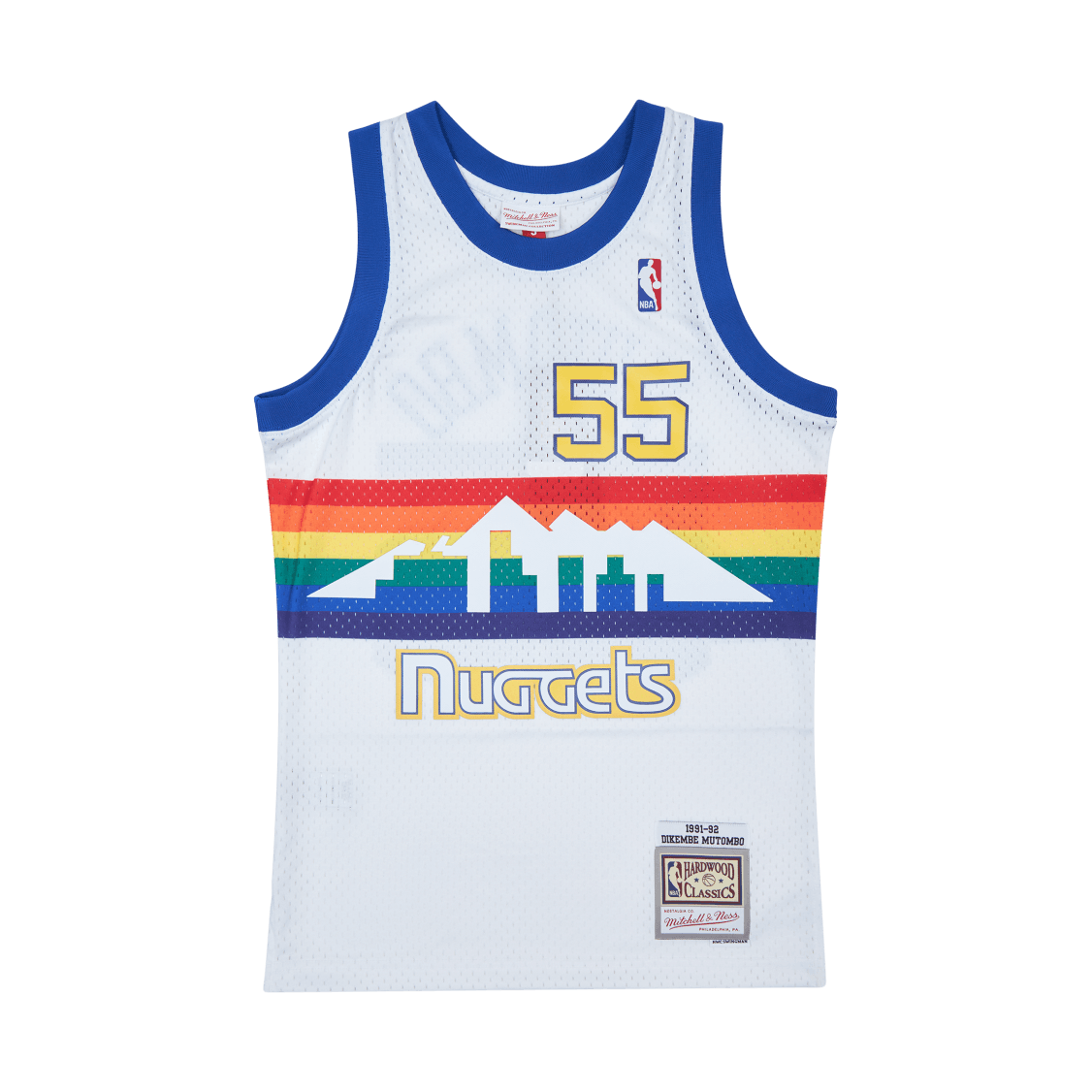 Mitchell & Ness panier de panier masculin NBA Pind Brush Tank N ° 55 Dikembe Mutombo Dennug Multi / White TNMK5123-DNUYDMOMTWH