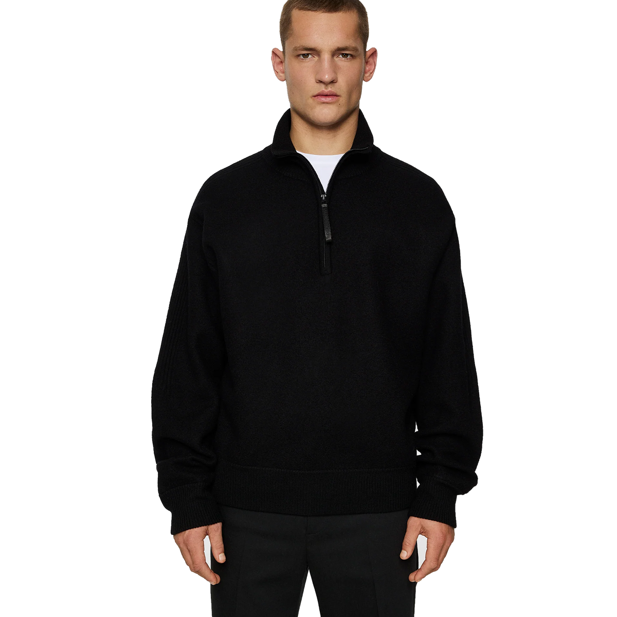 Bon Boiled Wool Quarter Zip Black