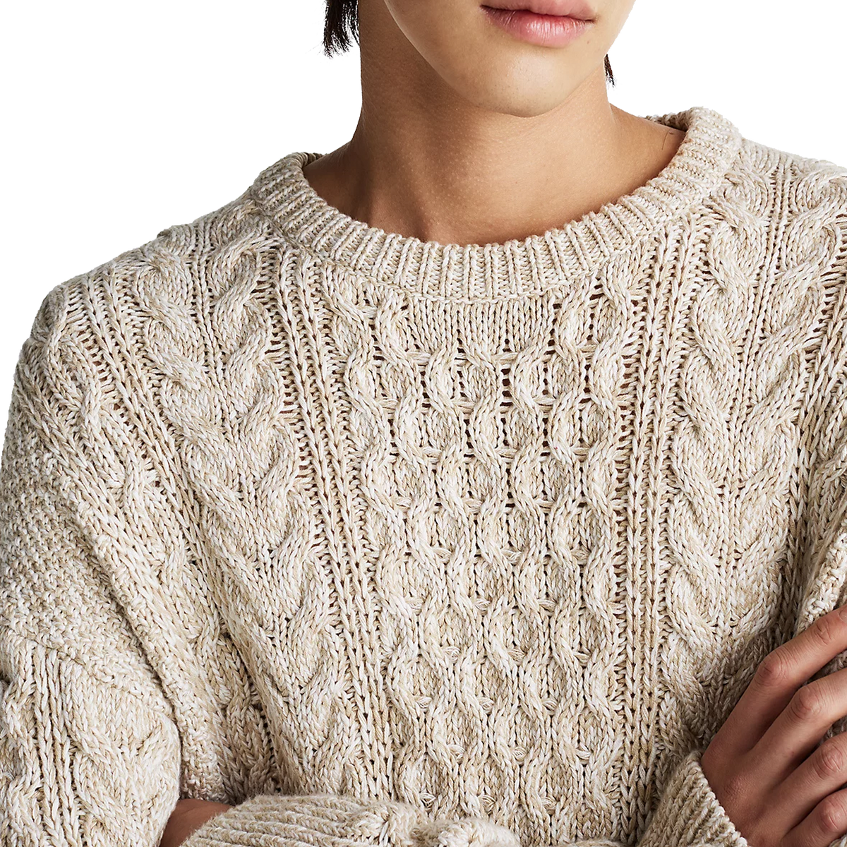 Mouline Aran Cable Crew Neck White