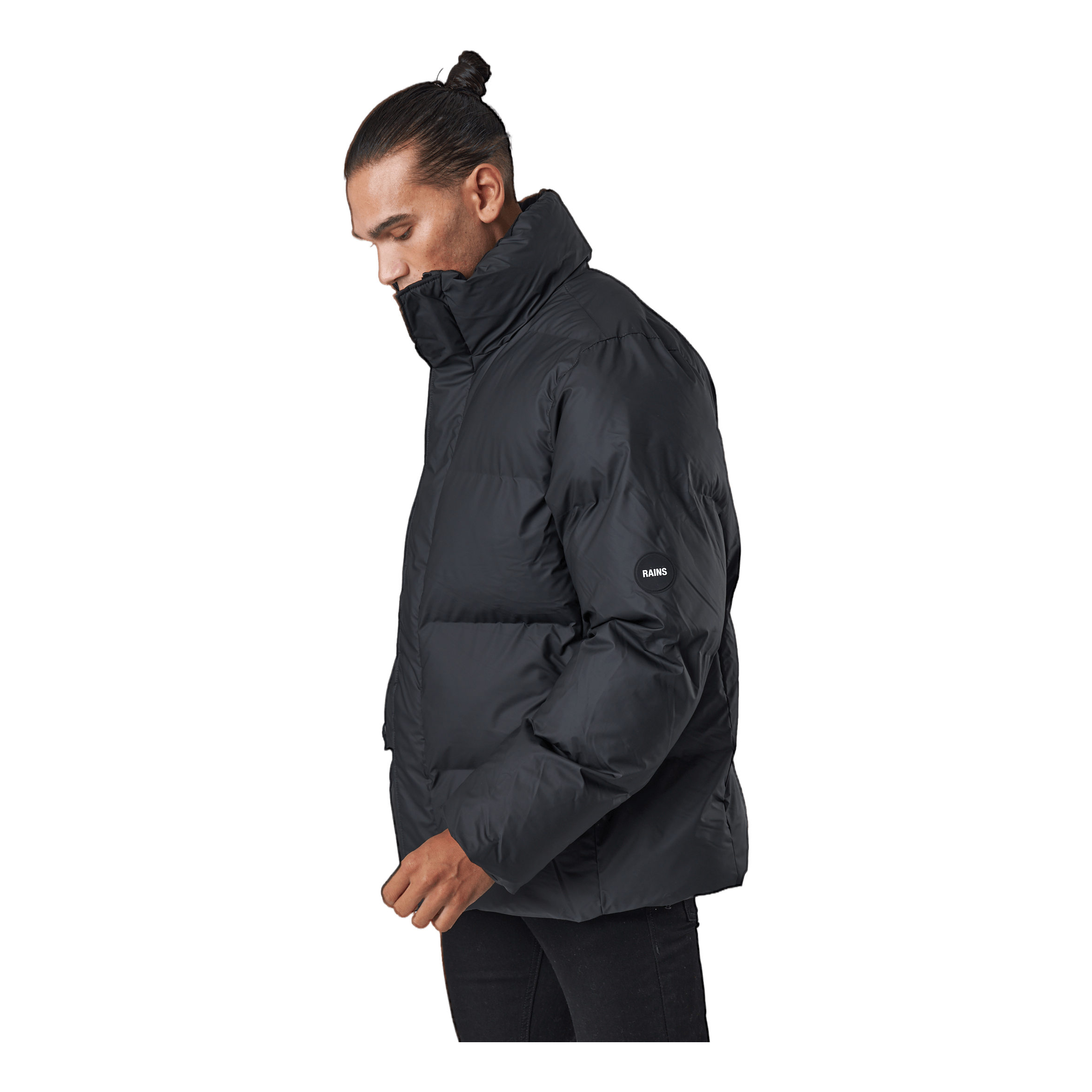 Black hoodless puffer jacket sales